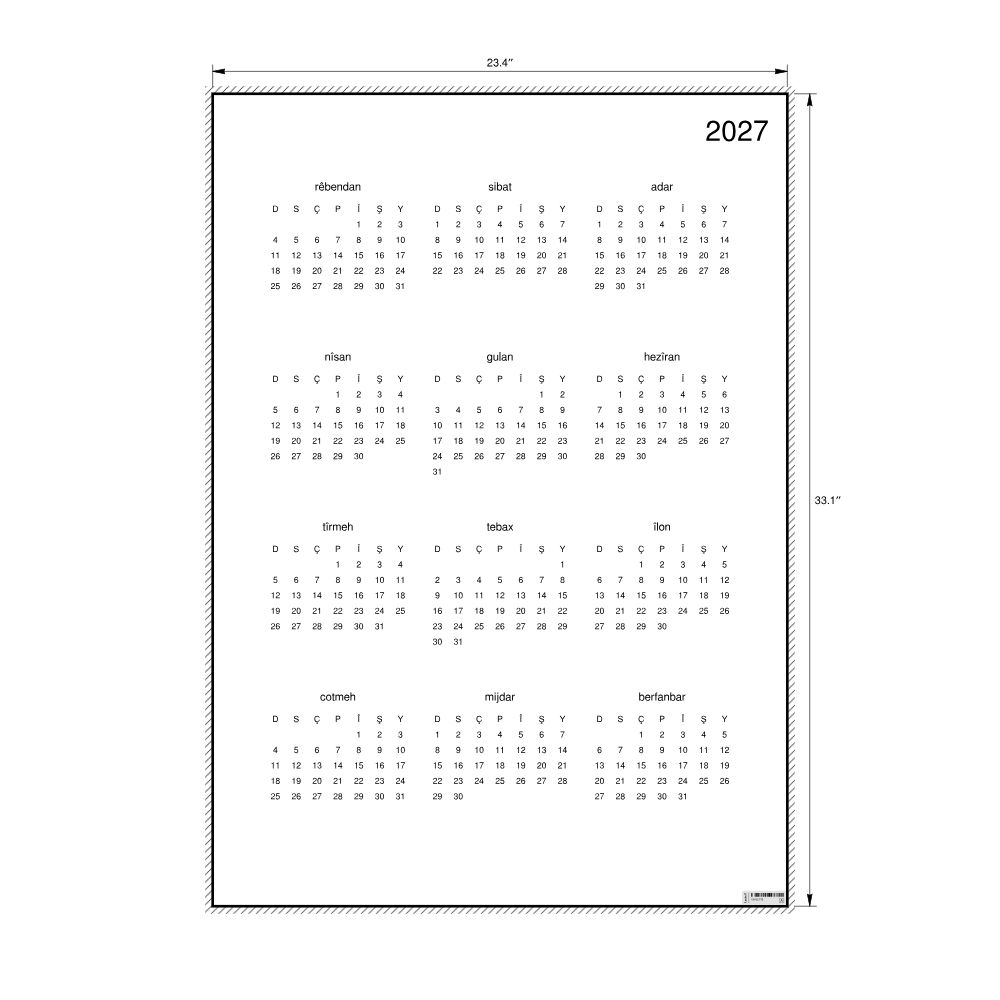 Leskoff 2027 Wall Calendar, Kurdish-Labeled, Monday-Start Layout, Poster / Wall Print, 23.4 x 33.1 in (59.4 x 84.1 cm), image 2 of 2