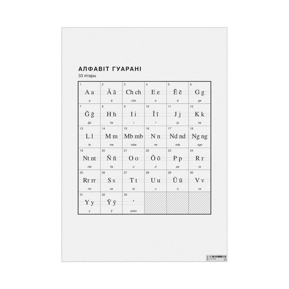 Leskoff Guarani Alphabet Chart, 23.4 x 33.1 in (59.4 x 84.1 cm, Poster / Wall Chart), Belarusian-Labeled, image 1 of 2