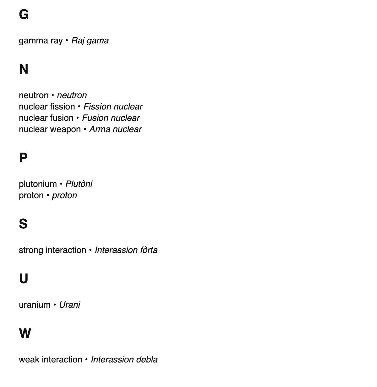 Nuclear physics terms in Piedmontese