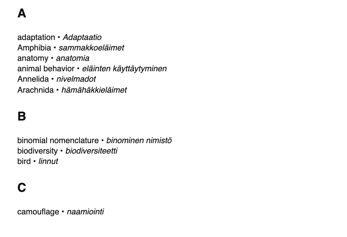 Zoology terms in Finnish