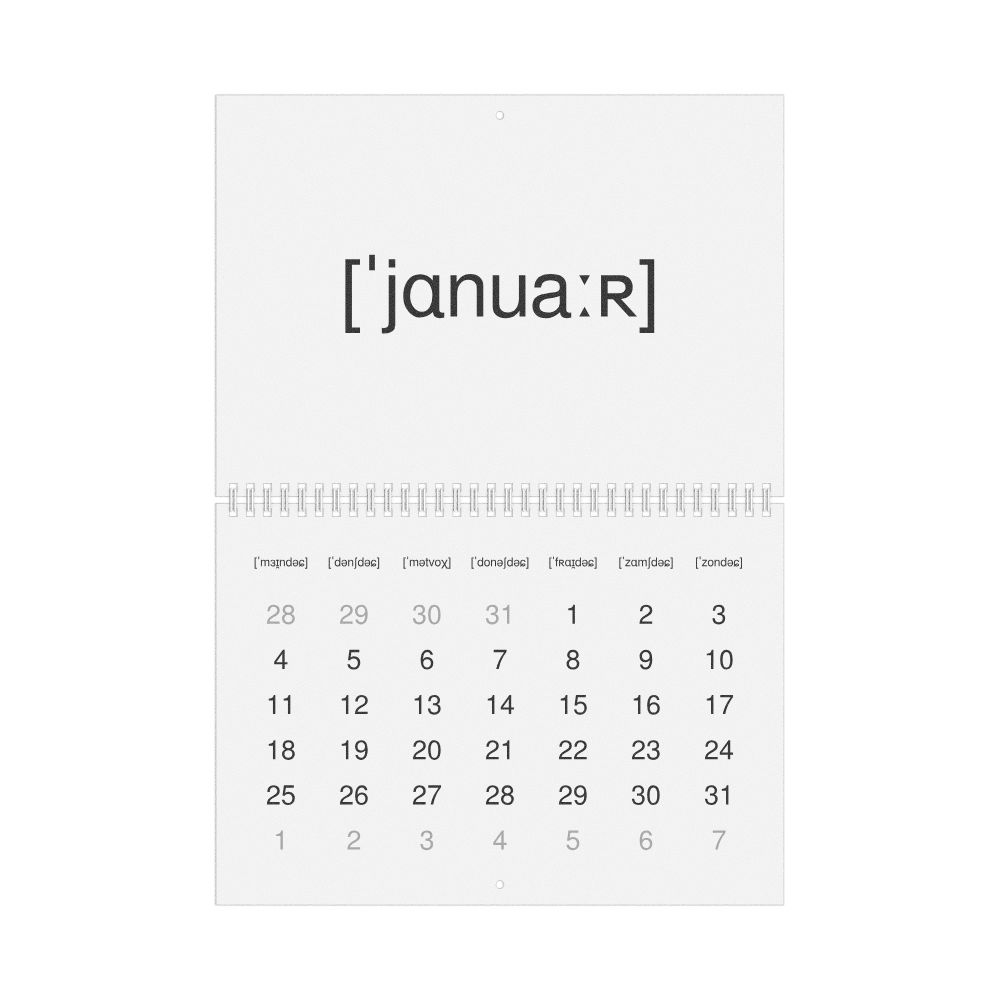 Leskoff 2027 Phonetic Wall Calendar, IPA-Labeled (Luxembourgish), Monday-Start Layout, Wire-Bound, 11.7 x 8.3 in (29.7 x 21.0 cm), image 1 of 1