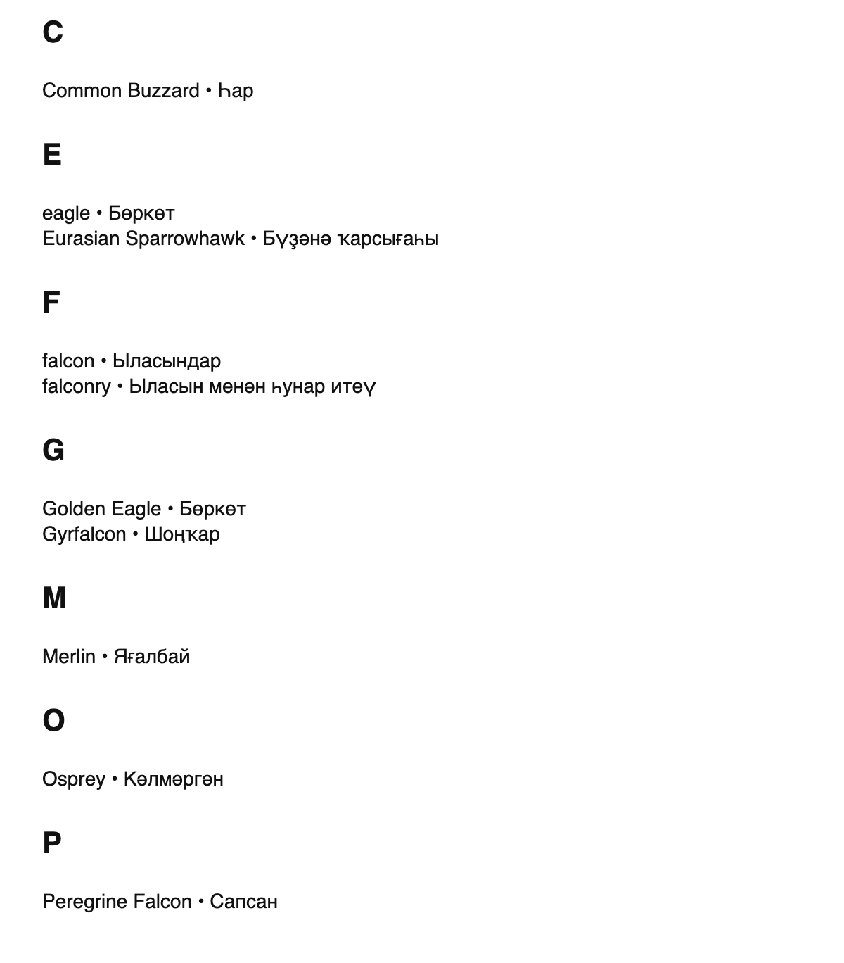 Falconry terms in Bashkir