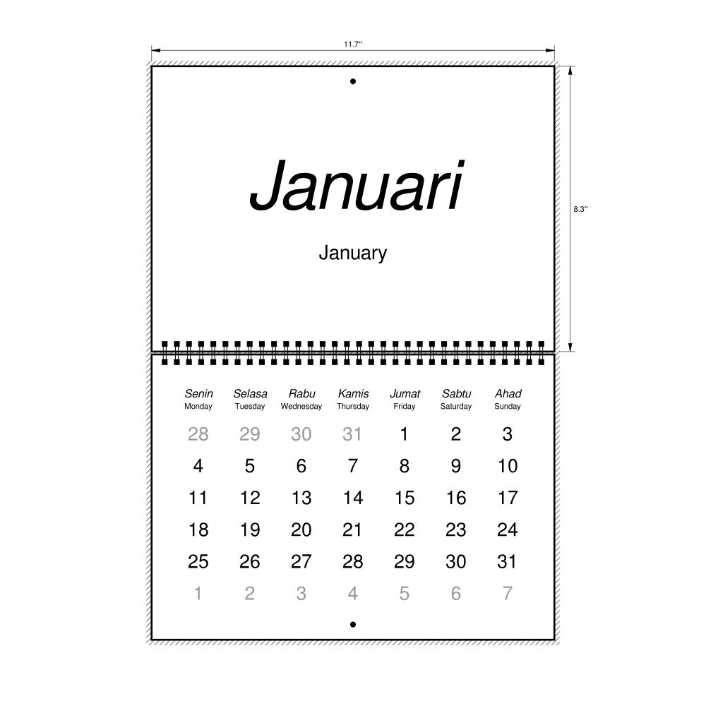 Leskoff 2027 Wall Calendar, Indonesian/English-Labeled, Monday-Start Layout, Wire-Bound, 11.7 x 8.3 in (29.7 x 21.0 cm), image 2 of 2