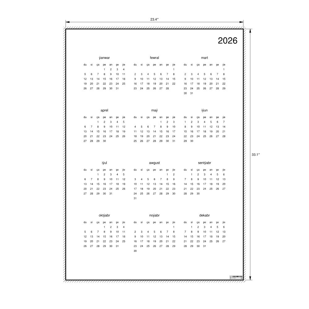 Leskoff 2026 Wall Calendar, Turkmen-Labeled, Monday-Start Layout, Poster / Wall Print, 23.4 x 33.1 in (59.4 x 84.1 cm), image 2 of 2