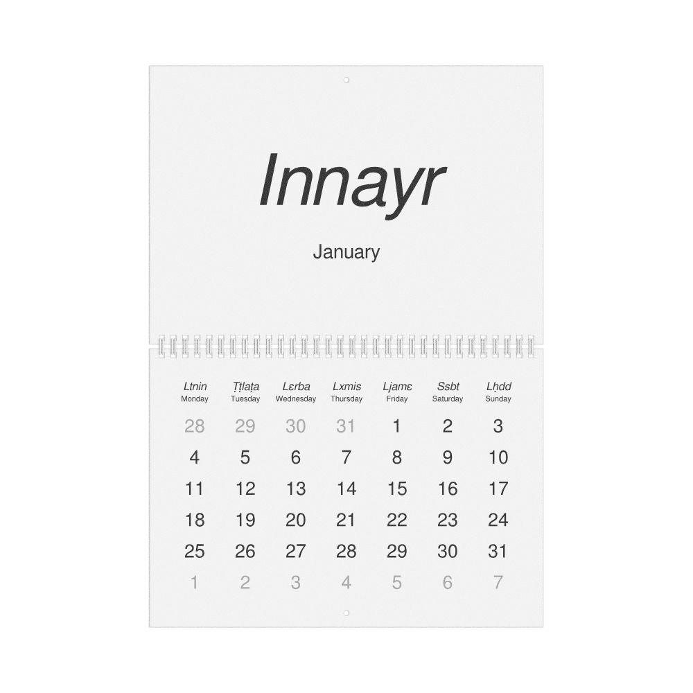 Leskoff 2027 Wall Calendar, Tashelhit/English-Labeled, Monday-Start Layout, Wire-Bound, 11.7 x 8.3 in (29.7 x 21.0 cm), image 1 of 1