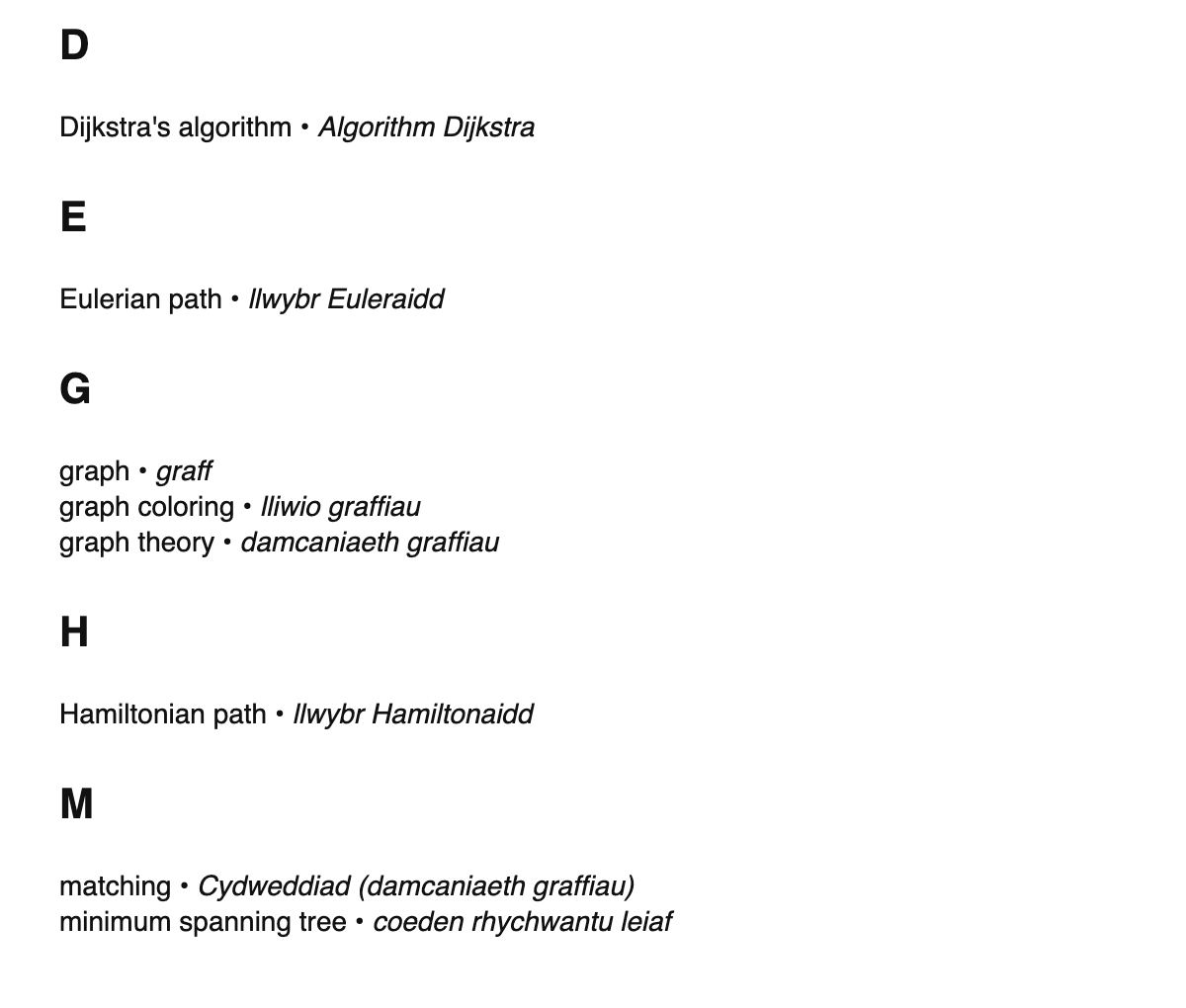 Graph theory terms in Welsh