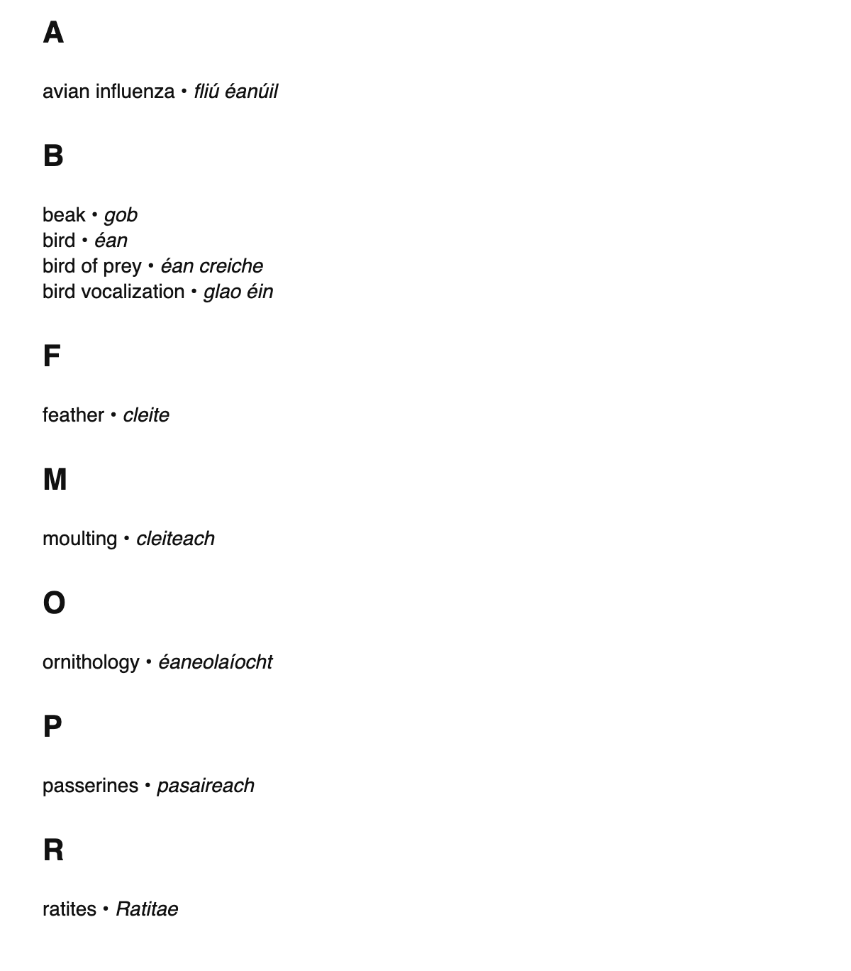 Ornithology terms in Irish