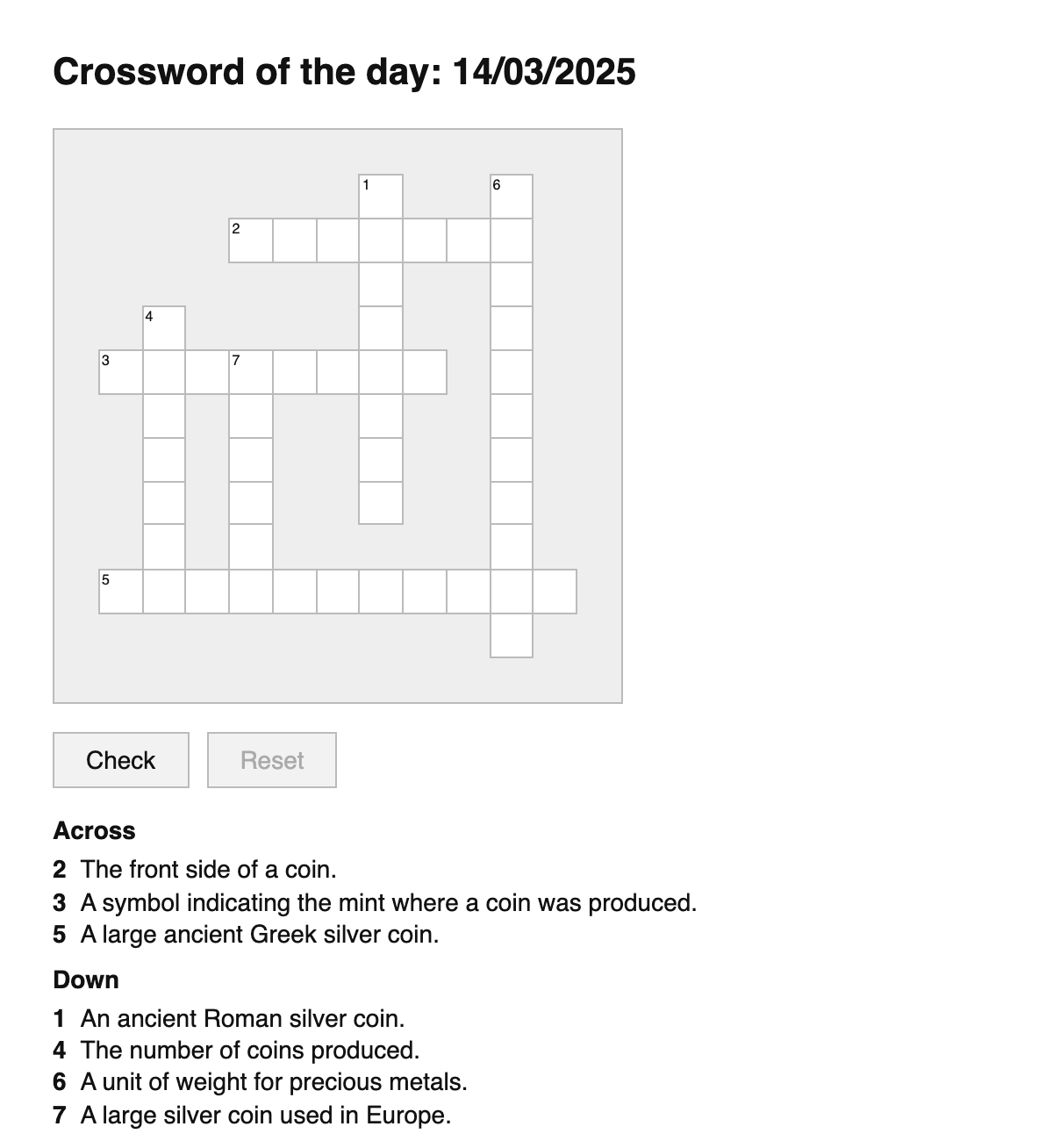 Numismatics Crossword