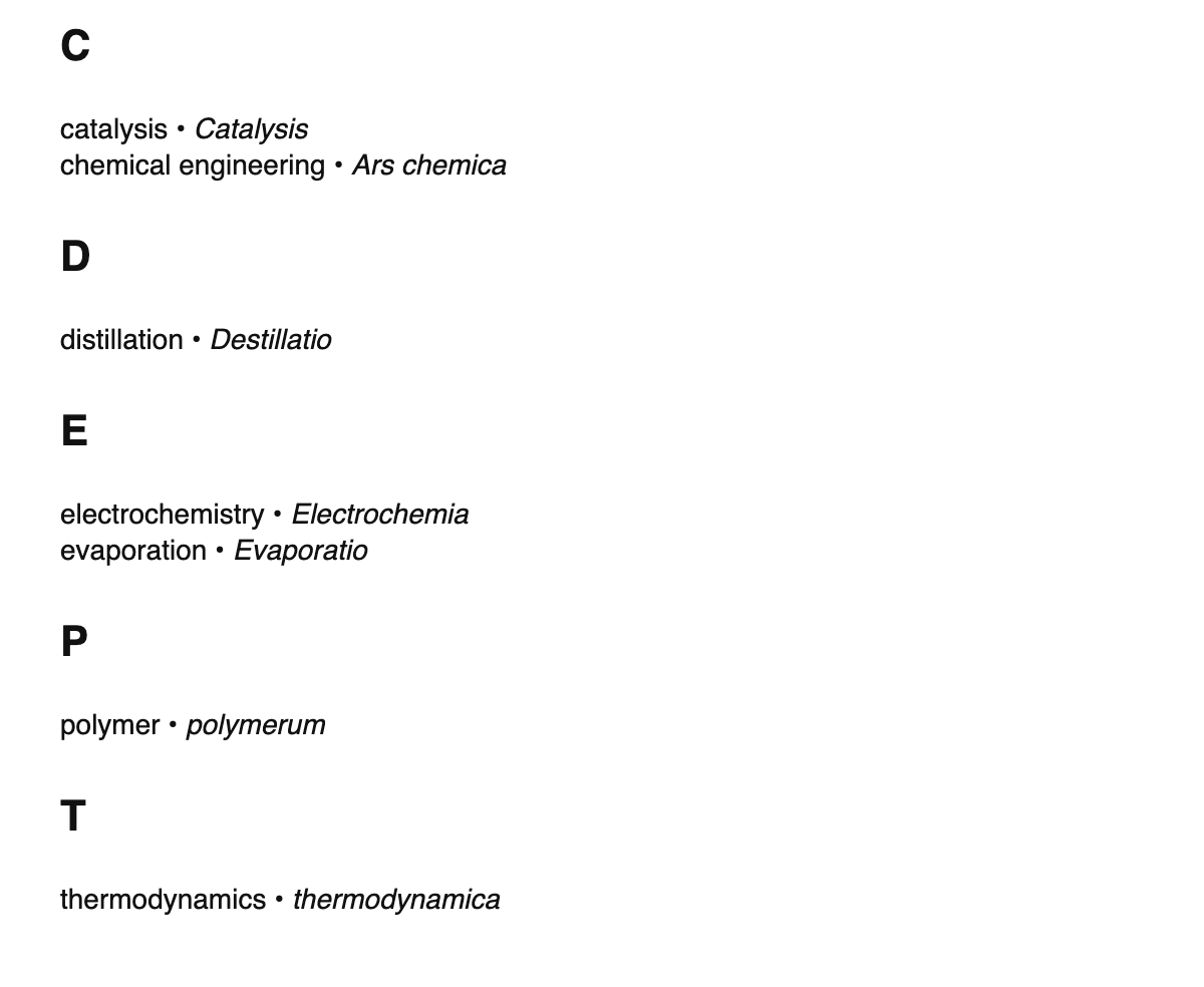 Chemical engineering terms in Latin