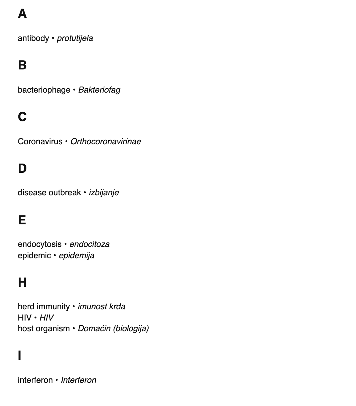 Virology terms in Croatian