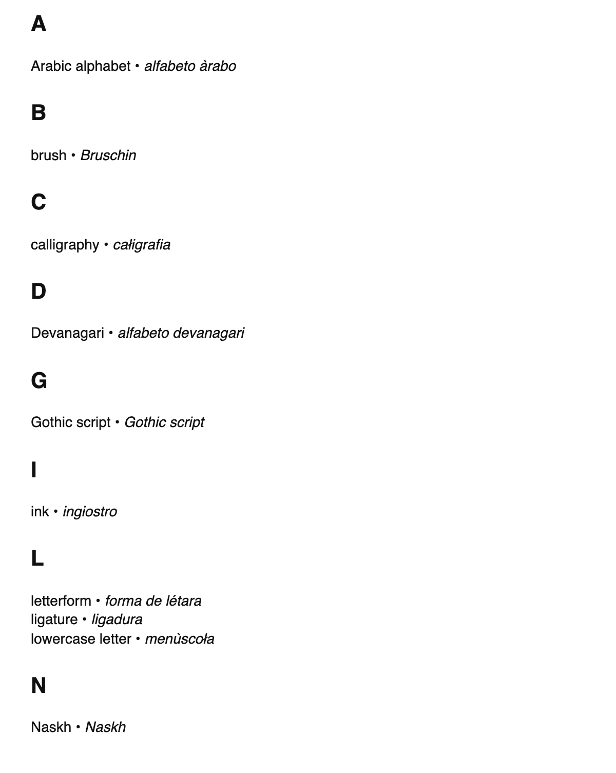 Calligraphy terms in Venetian