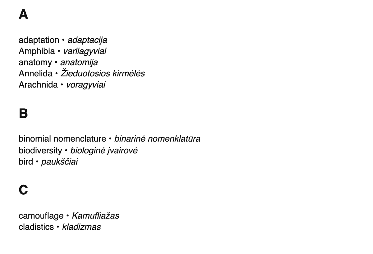 Zoology terms in Lithuanian
