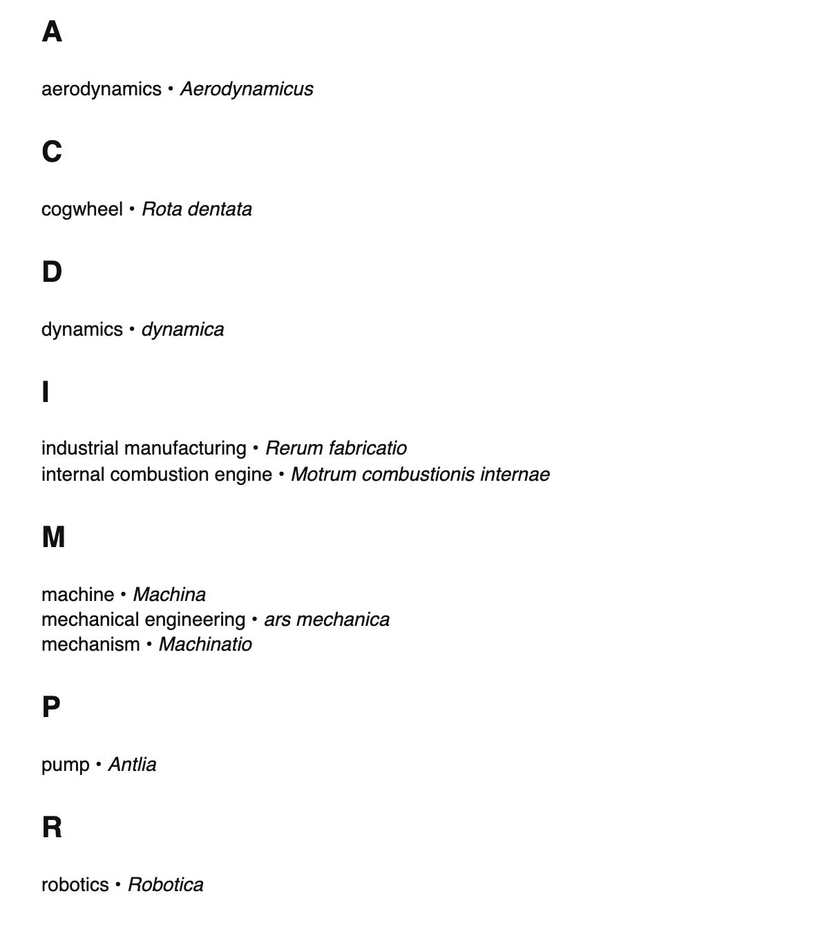 Mechanical engineering terms in Latin