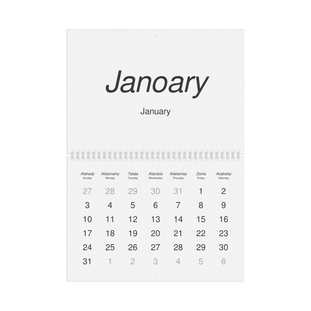 Leskoff 2027 Wall Calendar, Malagasy/English-Labeled, Sunday-Start Layout, Wire-Bound, 11.7 x 8.3 in (29.7 x 21.0 cm), image 1 of 1
