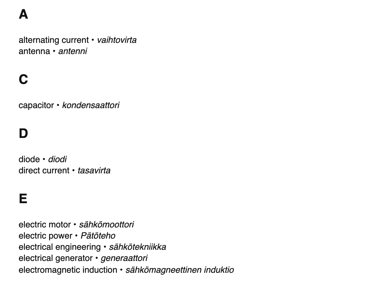 Electrical engineering terms in Finnish