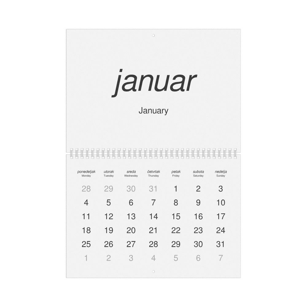 Leskoff 2027 Wall Calendar, Serbian (Latin)/English-Labeled, Monday-Start Layout, Wire-Bound, 11.7 x 8.3 in (29.7 x 21.0 cm), image 1 of 1