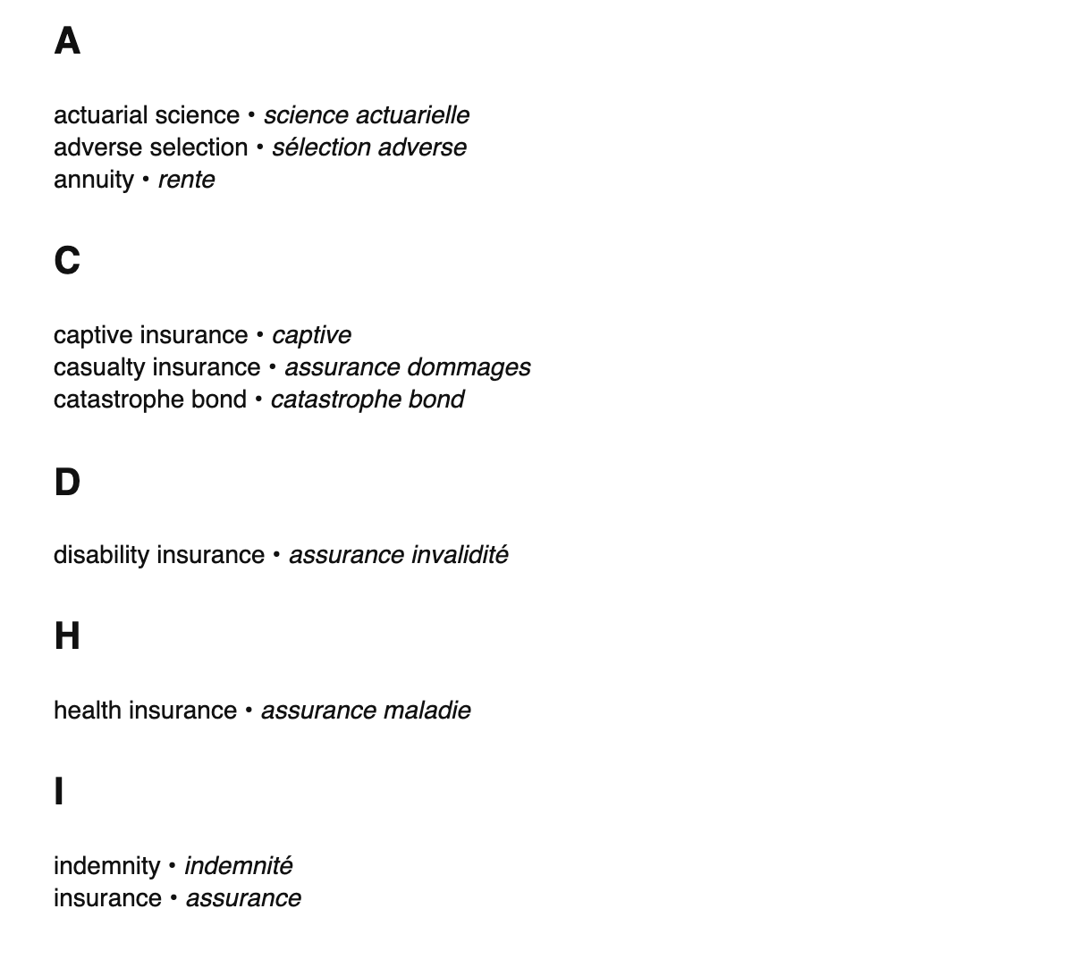 Insurance terms in French