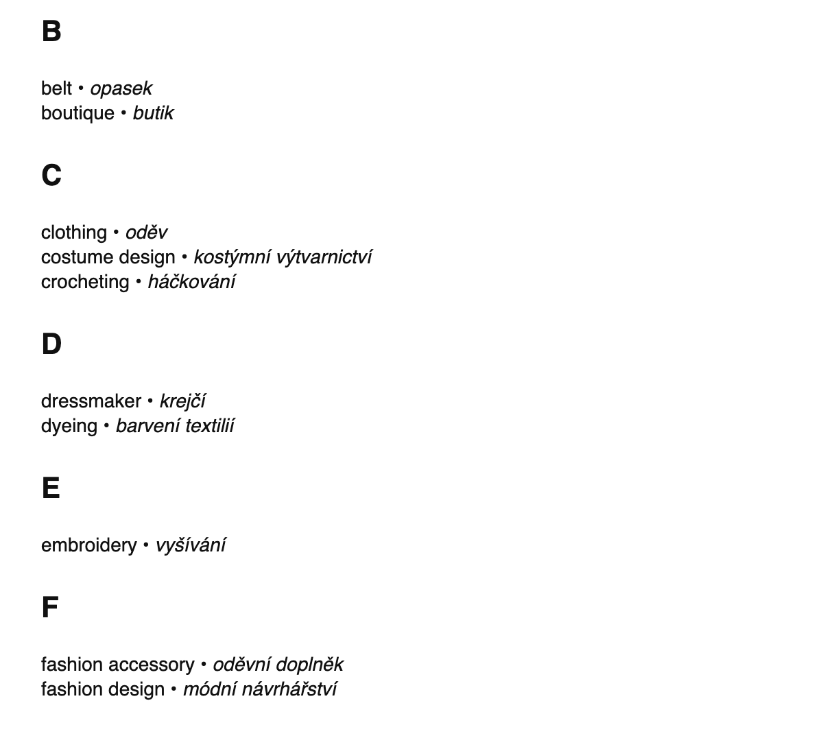 Fashion design terms in Czech