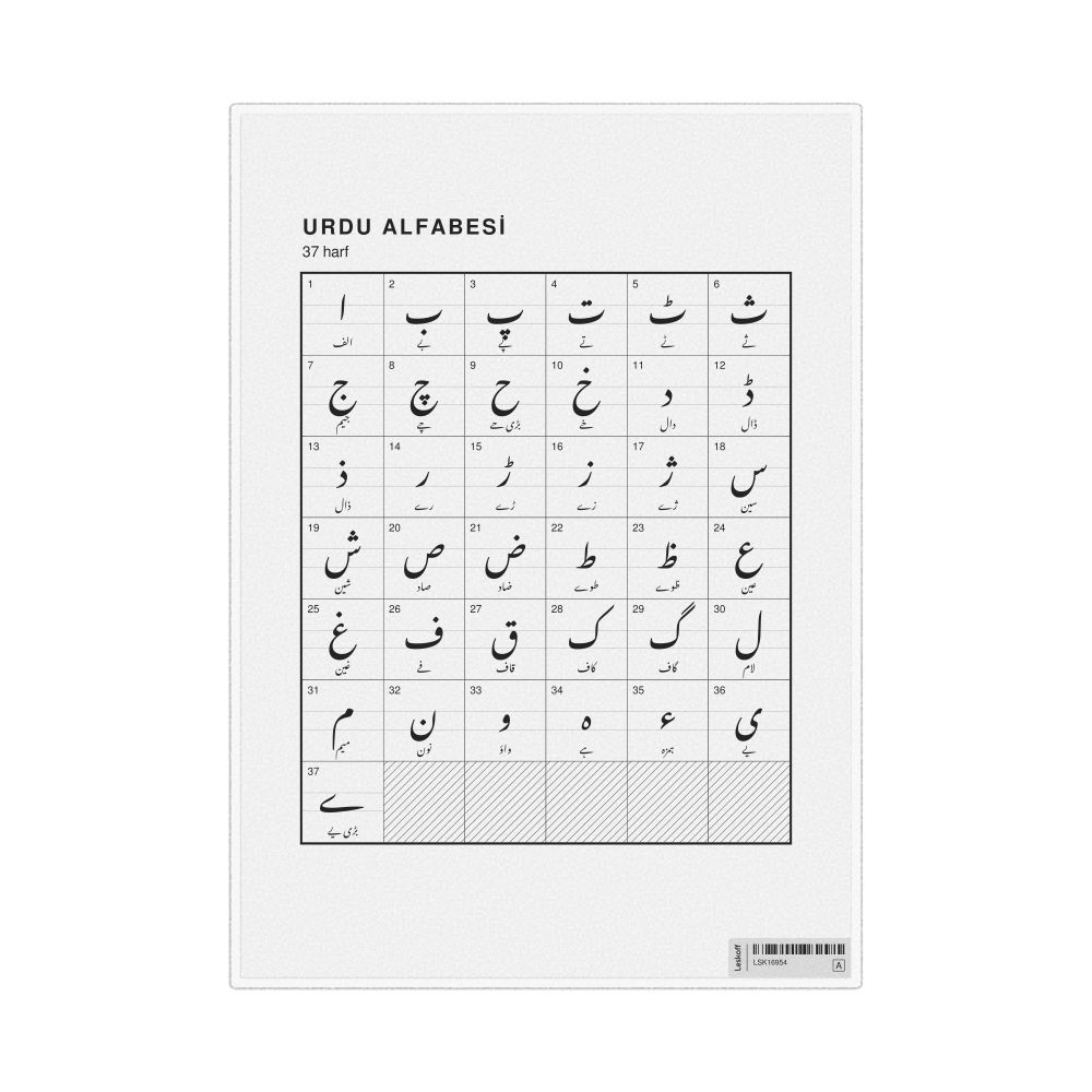 Leskoff Urdu Alphabet Chart, 8.3 x 11.7 in (21.0 x 29.7 cm, Desk Chart, Laminated), Turkish-Labeled, image 1 of 2