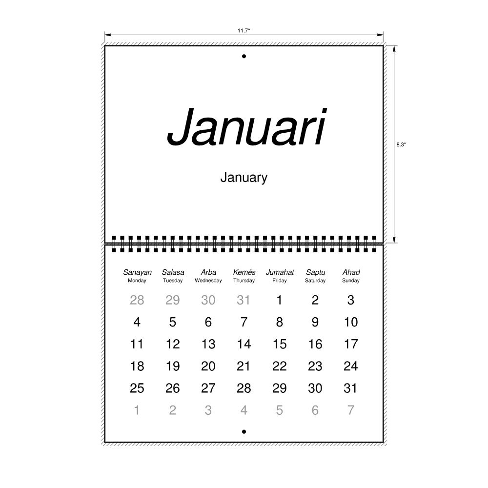Leskoff 2027 Wall Calendar, Banjarese/English-Labeled, Monday-Start Layout, Wire-Bound, 11.7 x 8.3 in (29.7 x 21.0 cm), image 2 of 2