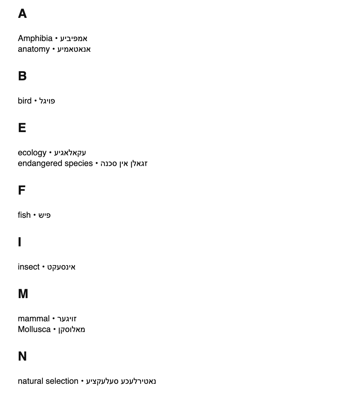 Zoology terms in Yiddish