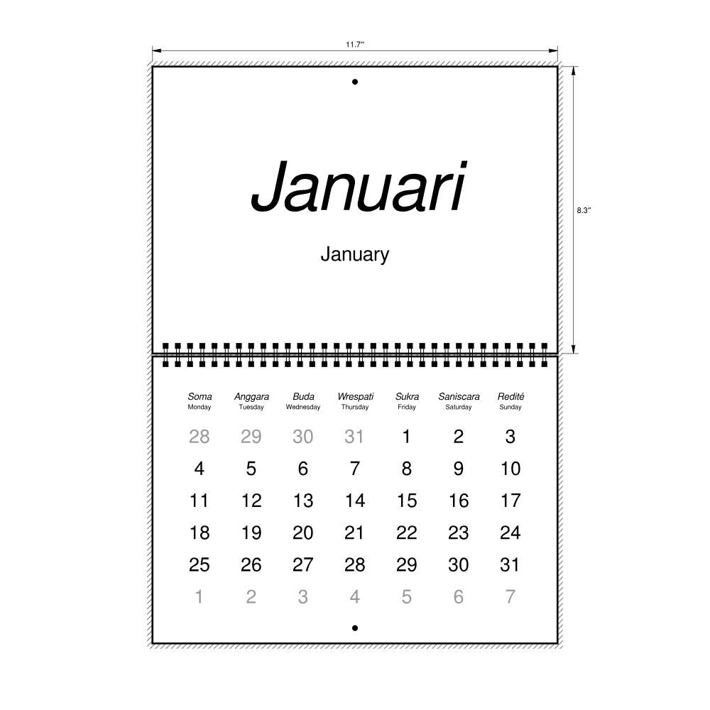 Leskoff 2027 Wall Calendar, Balinese/English-Labeled, Monday-Start Layout, Wire-Bound, 11.7 x 8.3 in (29.7 x 21.0 cm), image 2 of 2