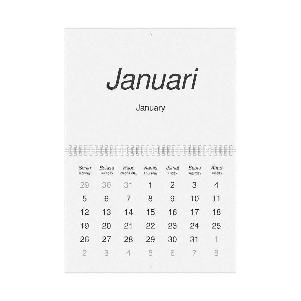 Leskoff 2026 Wall Calendar, Indonesian/English-Labeled, Monday-Start Layout, Wire-Bound, 11.7 x 8.3 in (29.7 x 21.0 cm), image 1 of 1