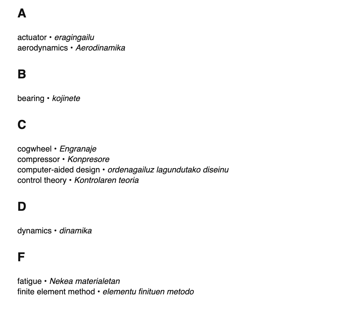 Mechanical engineering terms in Basque
