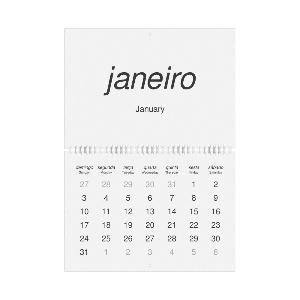Leskoff 2027 Wall Calendar, Mirandese/English-Labeled, Sunday-Start Layout, Wire-Bound, 11.7 x 8.3 in (29.7 x 21.0 cm), image 1 of 1