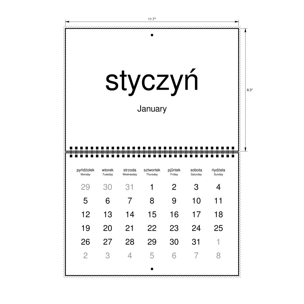 Leskoff 2026 Wall Calendar, Silesian/English-Labeled, Monday-Start Layout, Wire-Bound, 11.7 x 8.3 in (29.7 x 21.0 cm), image 1 of 1