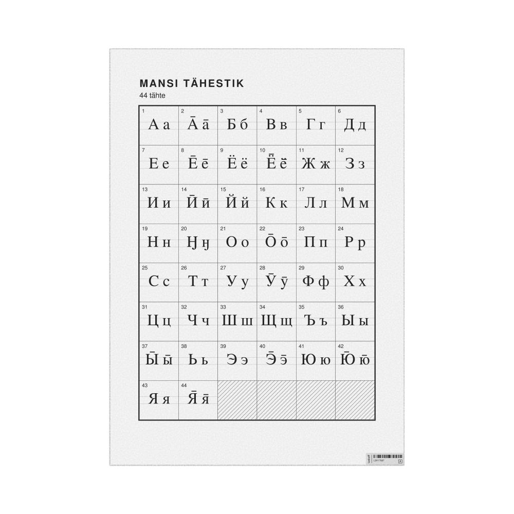 Leskoff Mansi Alphabet Chart, 23.4 x 33.1 in (59.4 x 84.1 cm, Poster / Wall Chart), Estonian-Labeled, image 1 of 2