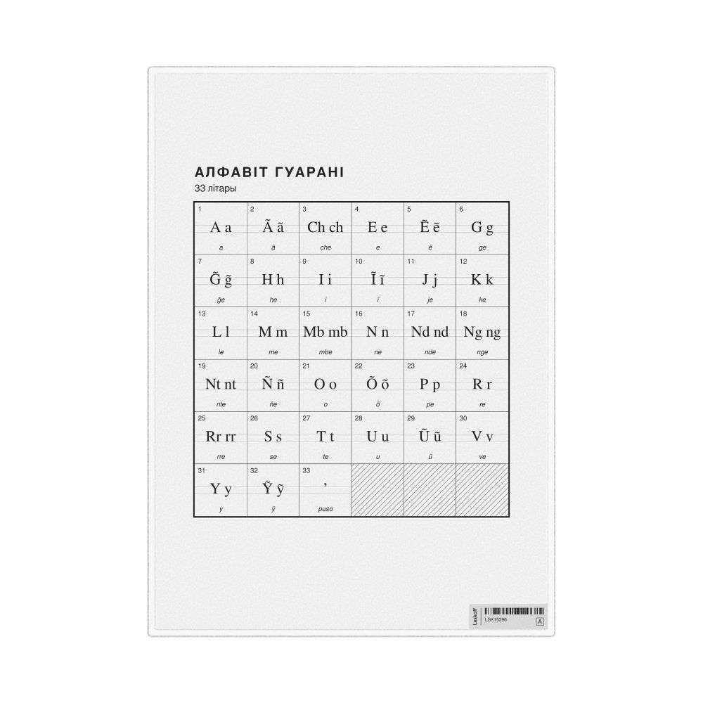 Leskoff Guarani Alphabet Chart, 8.3 x 11.7 in (21.0 x 29.7 cm, Desk Chart, Laminated), Belarusian-Labeled, image 1 of 2