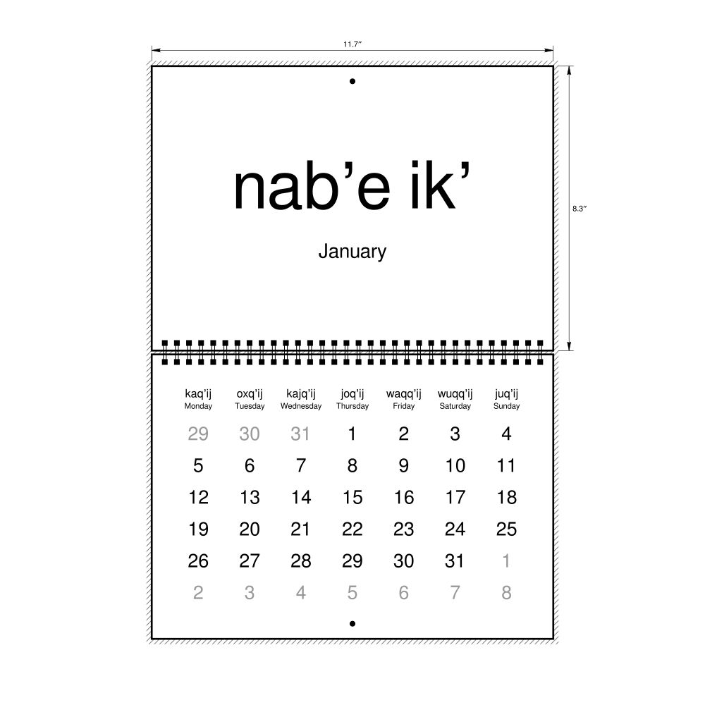 Leskoff 2026 Wall Calendar, Kʼicheʼ/English-Labeled, Monday-Start Layout, Wire-Bound, 11.7 x 8.3 in (29.7 x 21.0 cm), image 1 of 1