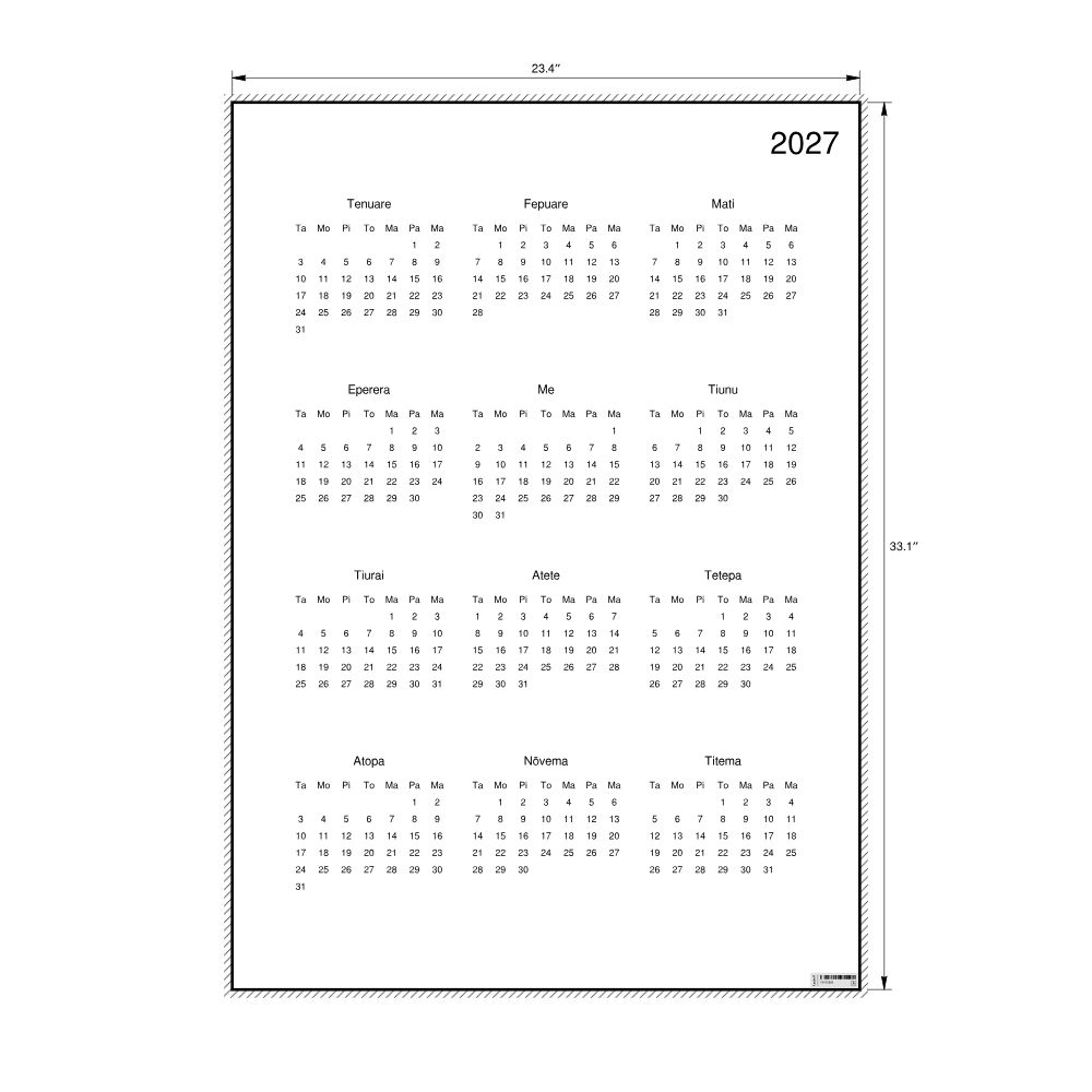 Leskoff 2027 Wall Calendar, Tahitian-Labeled, Sunday-Start Layout, Poster / Wall Print, 23.4 x 33.1 in (59.4 x 84.1 cm), image 2 of 2
