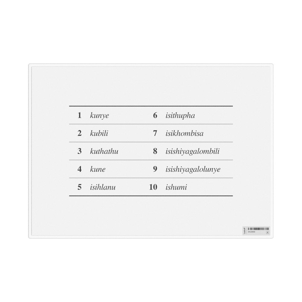 Leskoff Numbers 1–10 in Zulu, Desk Chart, 11.7 x 8.3 in (29.7 x 21.0 cm), image 1 of 1