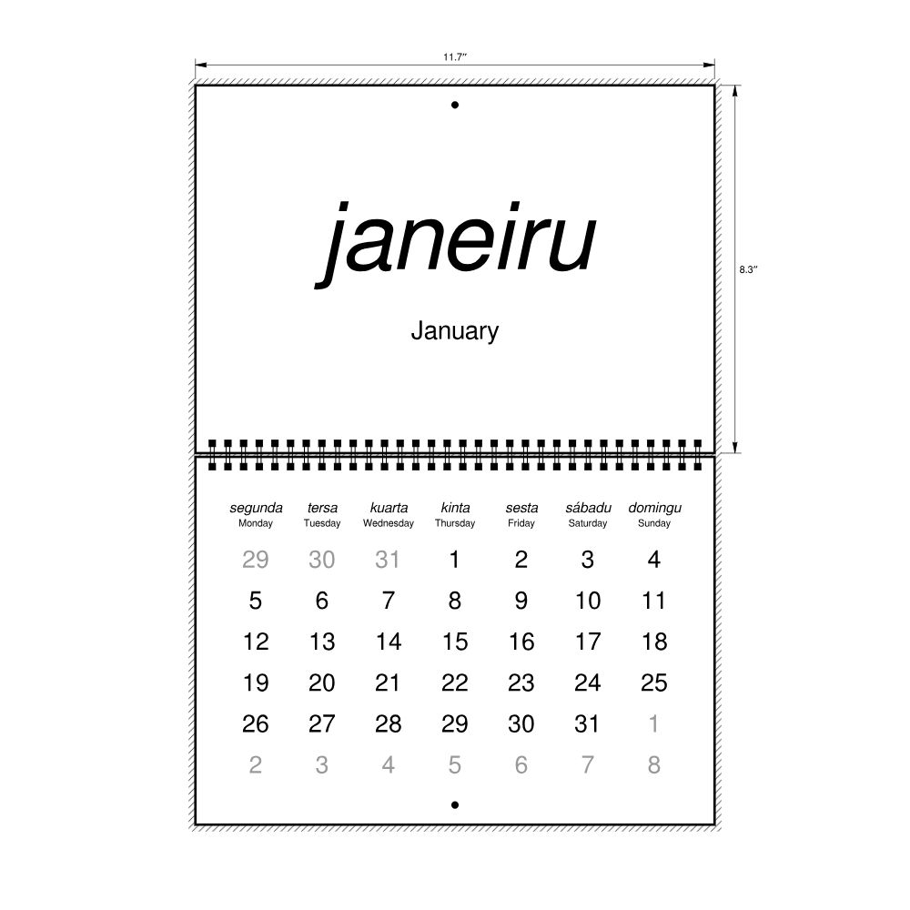 Leskoff 2026 Wall Calendar, Tetum/English-Labeled, Monday-Start Layout, Wire-Bound, 11.7 x 8.3 in (29.7 x 21.0 cm), image 2 of 2