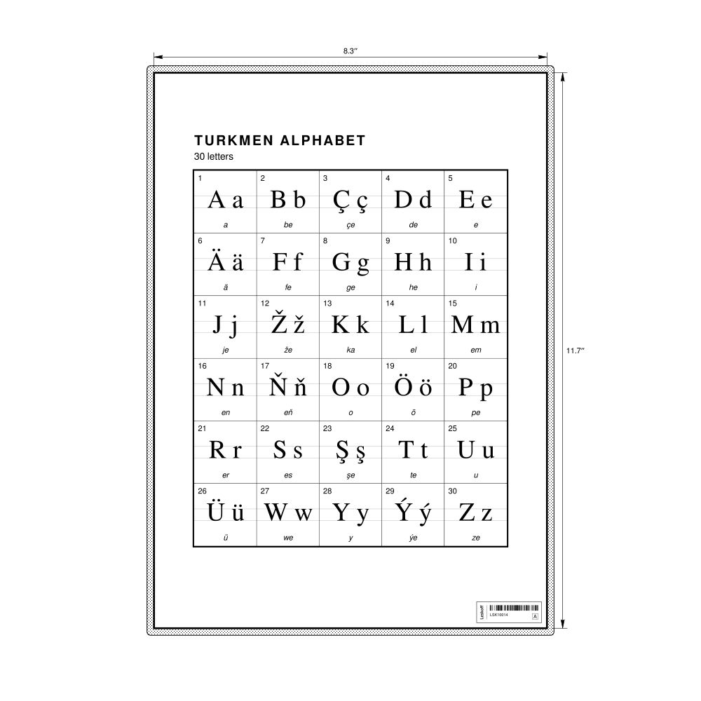 Leskoff Turkmen Alphabet Chart, 8.3 x 11.7 in (21.0 x 29.7 cm, Desk Chart, Laminated), image 1 of 2