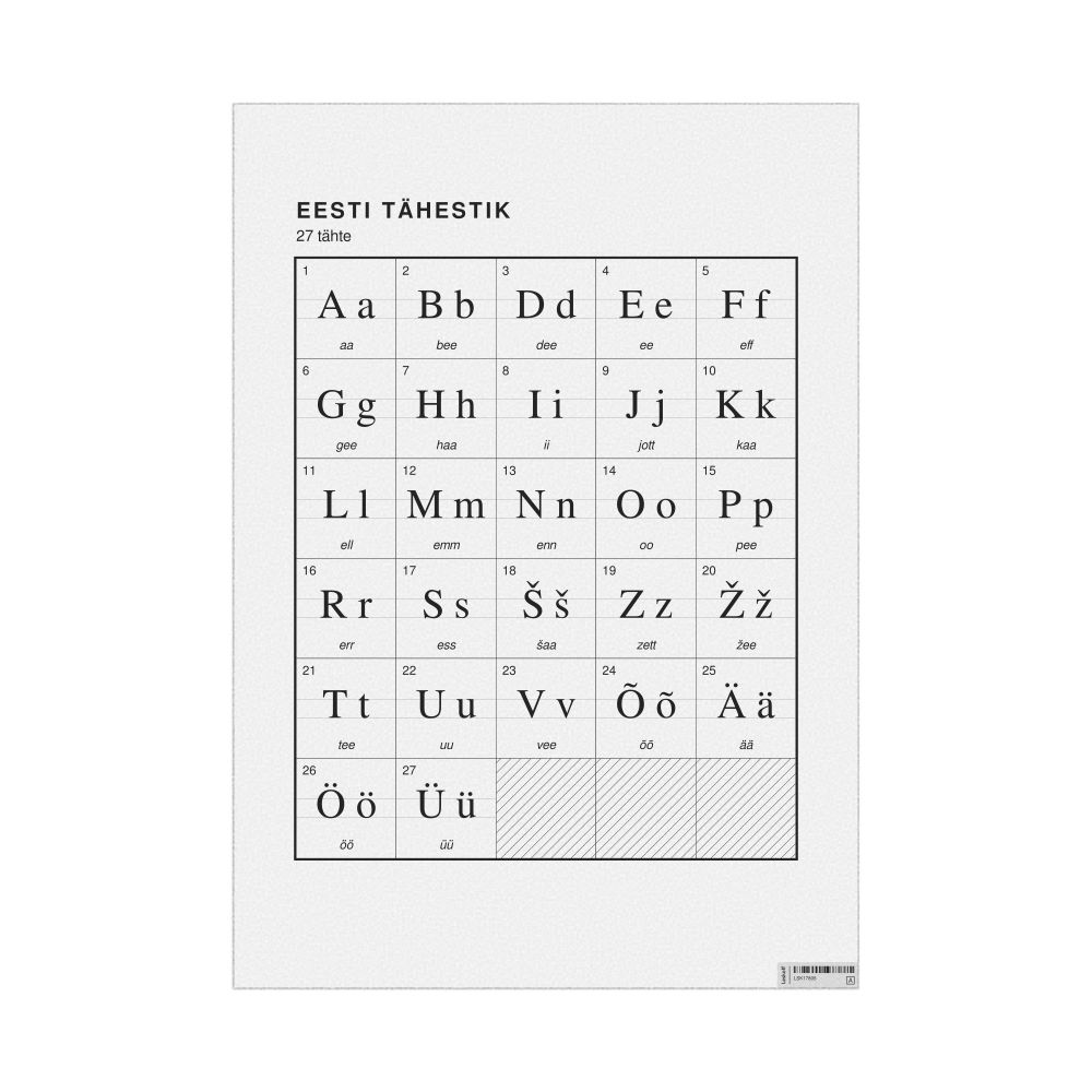 Leskoff Estonian Alphabet Chart, 23.4 x 33.1 in (59.4 x 84.1 cm, Poster / Wall Chart), Estonian-Labeled, image 1 of 2