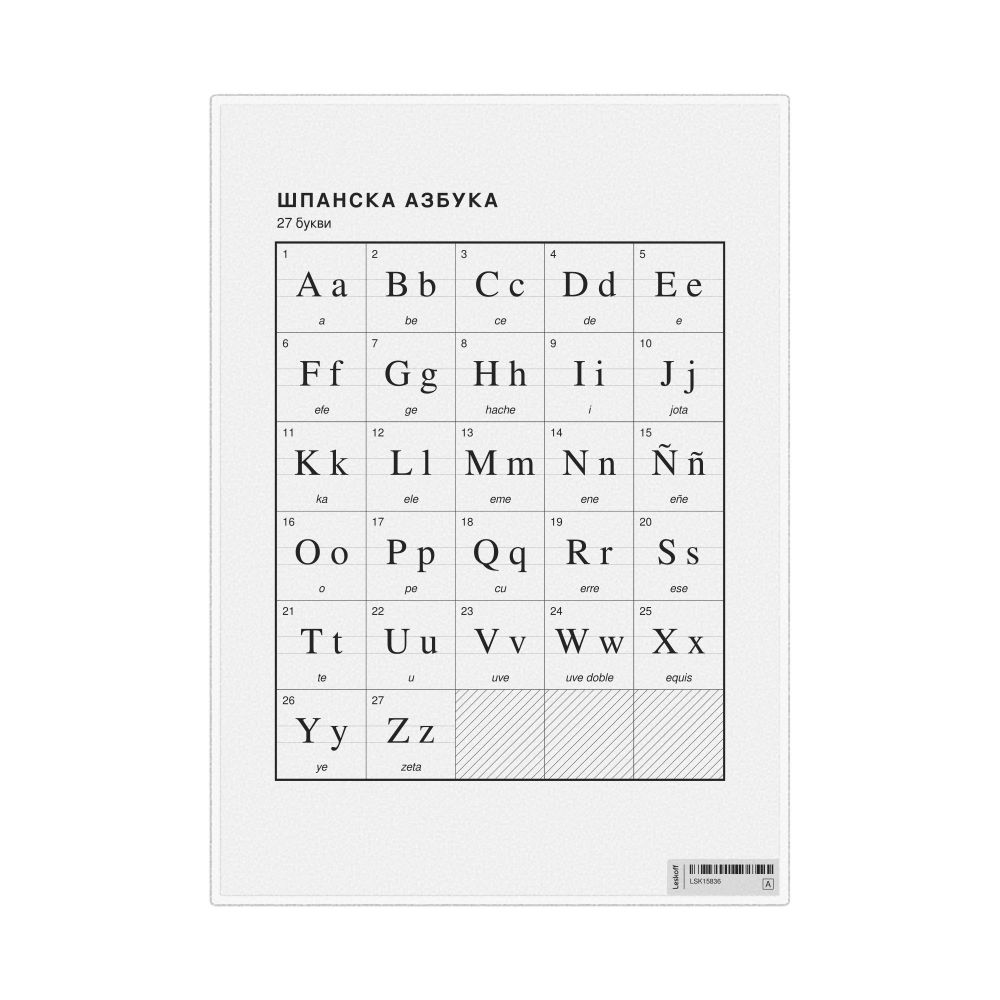 Leskoff Spanish Alphabet Chart, 8.3 x 11.7 in (21.0 x 29.7 cm, Desk Chart, Laminated), Macedonian-Labeled, image 1 of 2
