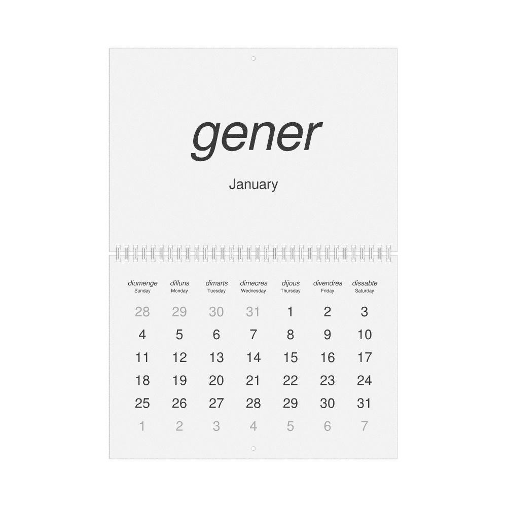 Leskoff 2026 Wall Calendar, Catalan/English-Labeled, Sunday-Start Layout, Wire-Bound, 11.7 x 8.3 in (29.7 x 21.0 cm), image 1 of 1