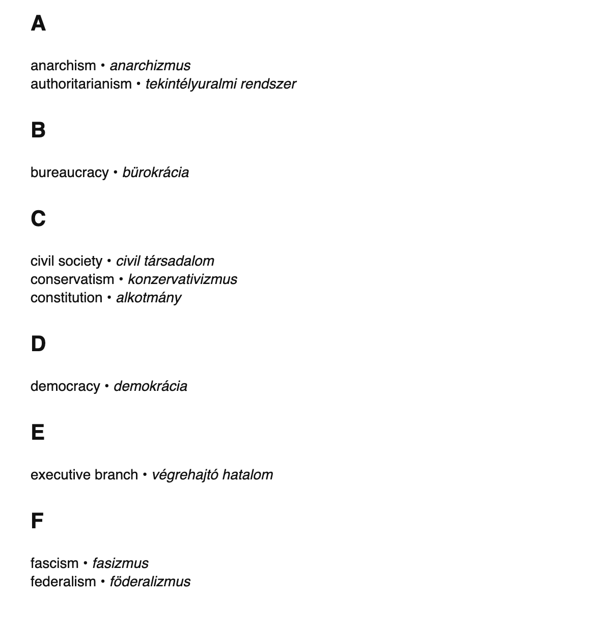 Political science terms in Hungarian