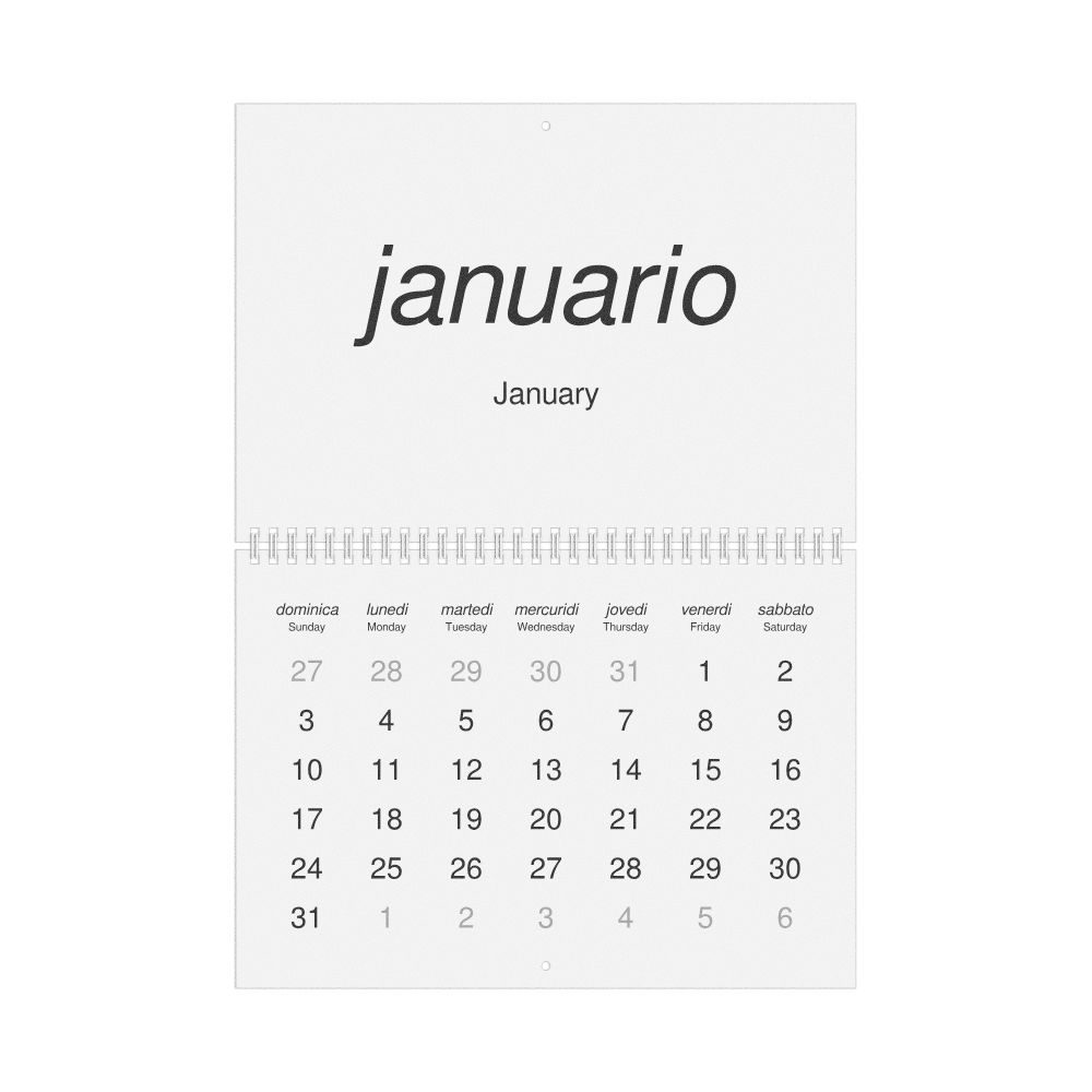 Leskoff 2027 Wall Calendar, Interlingua/English-Labeled, Sunday-Start Layout, Wire-Bound, 11.7 x 8.3 in (29.7 x 21.0 cm), image 1 of 1