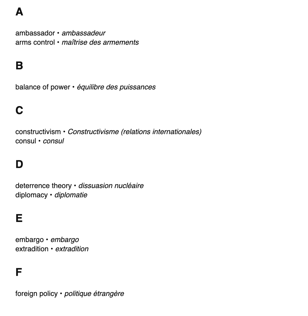 International relations terms in French