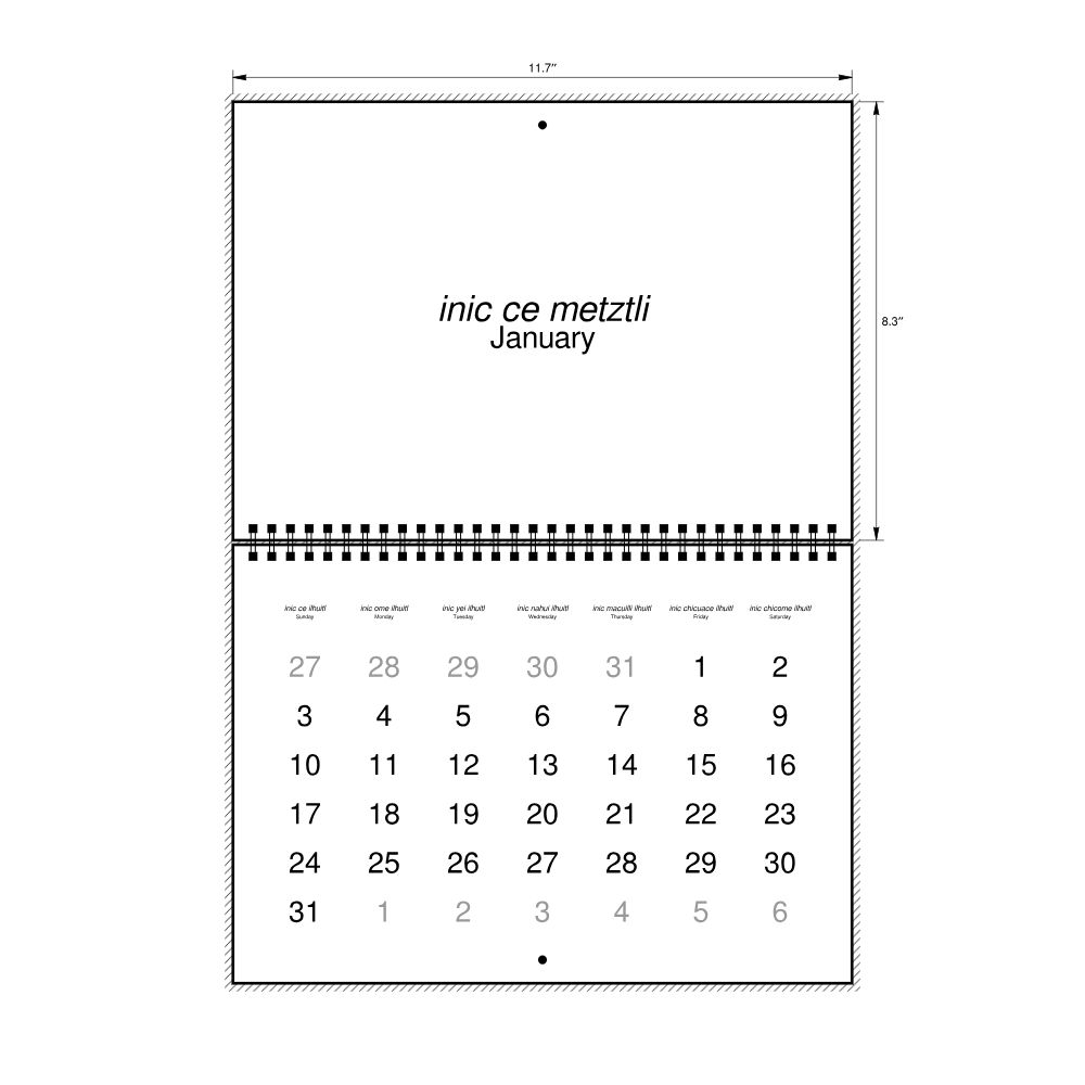 Leskoff 2027 Wall Calendar, Nahuatl/English-Labeled, Sunday-Start Layout, Wire-Bound, 11.7 x 8.3 in (29.7 x 21.0 cm), image 2 of 2