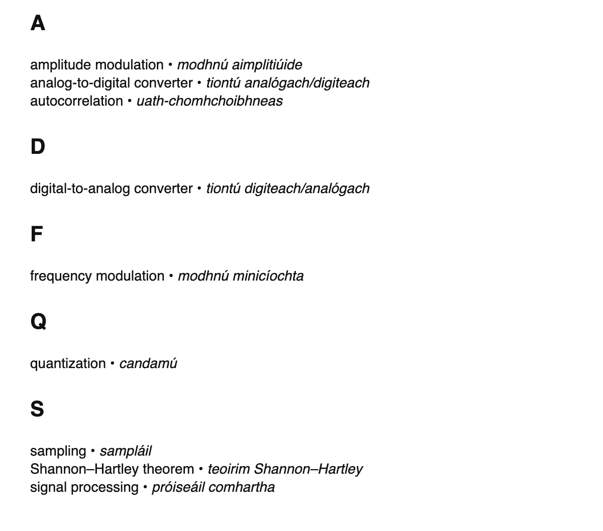 Digital signal processing terms in Irish