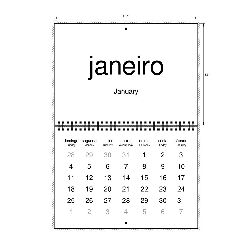 Leskoff 2026 Wall Calendar, Mirandese/English-Labeled, Sunday-Start Layout, Wire-Bound, 11.7 x 8.3 in (29.7 x 21.0 cm), image 1 of 1