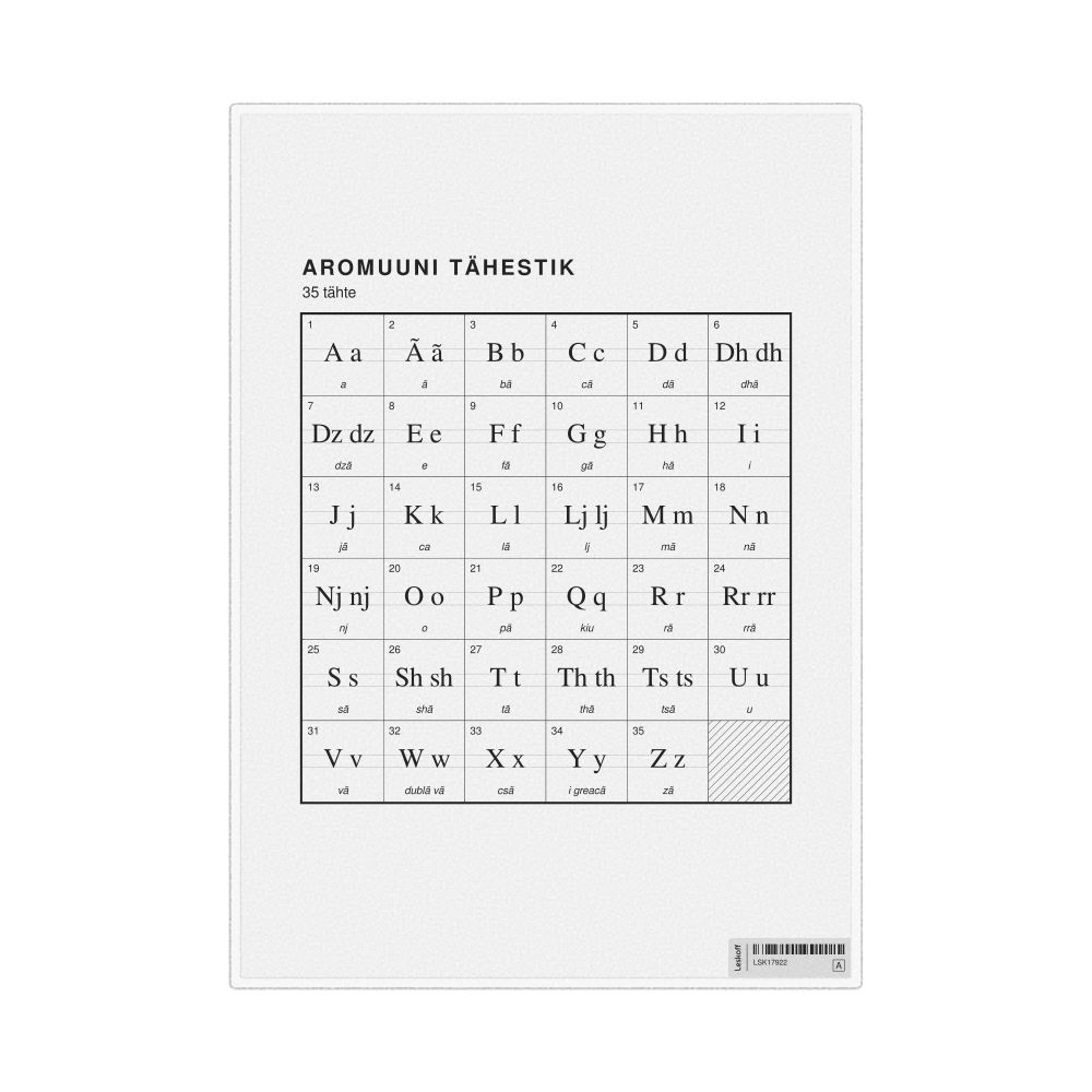 Leskoff Aromanian Alphabet Chart, 8.3 x 11.7 in (21.0 x 29.7 cm, Desk Chart, Laminated), Estonian-Labeled, image 1 of 2