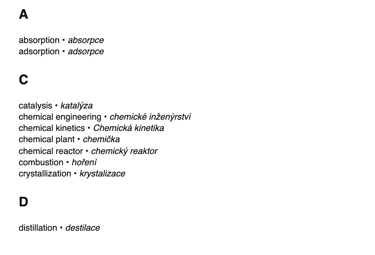 Chemical engineering terms in Czech