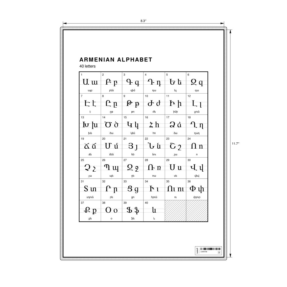 Leskoff Armenian Alphabet Chart, 8.3 x 11.7 in (21.0 x 29.7 cm, Desk Chart, Laminated), image 1 of 2
