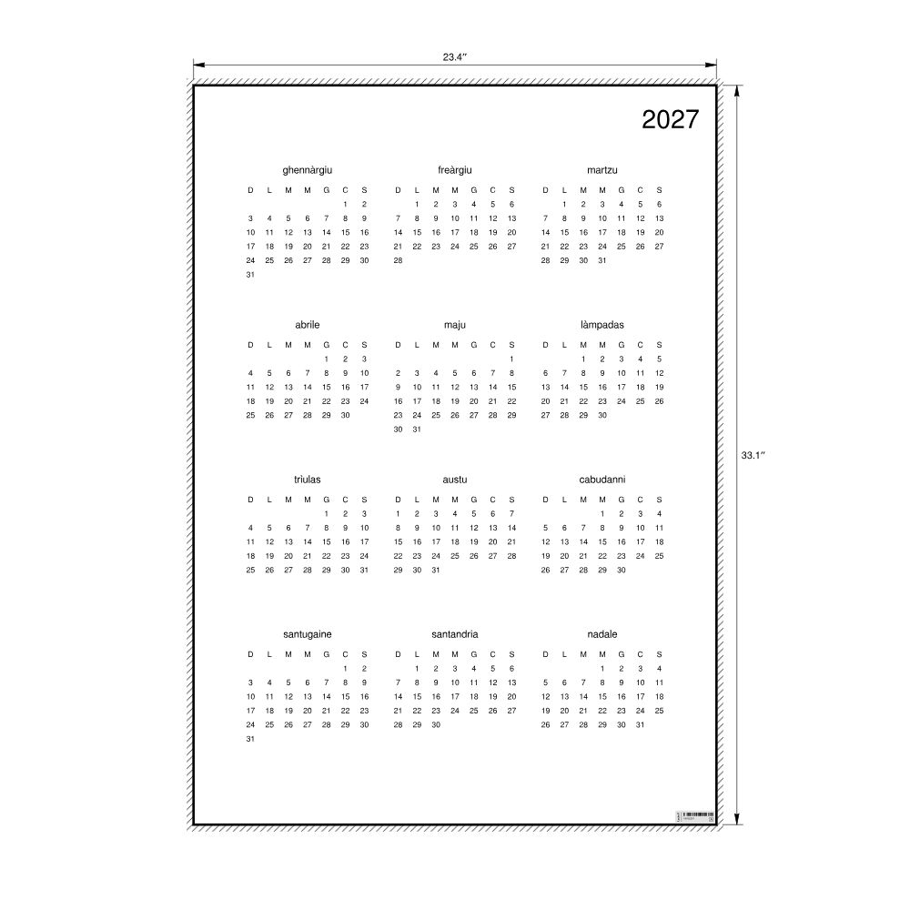 Leskoff 2027 Wall Calendar, Sardinian-Labeled, Sunday-Start Layout, Poster / Wall Print, 23.4 x 33.1 in (59.4 x 84.1 cm), image 2 of 2